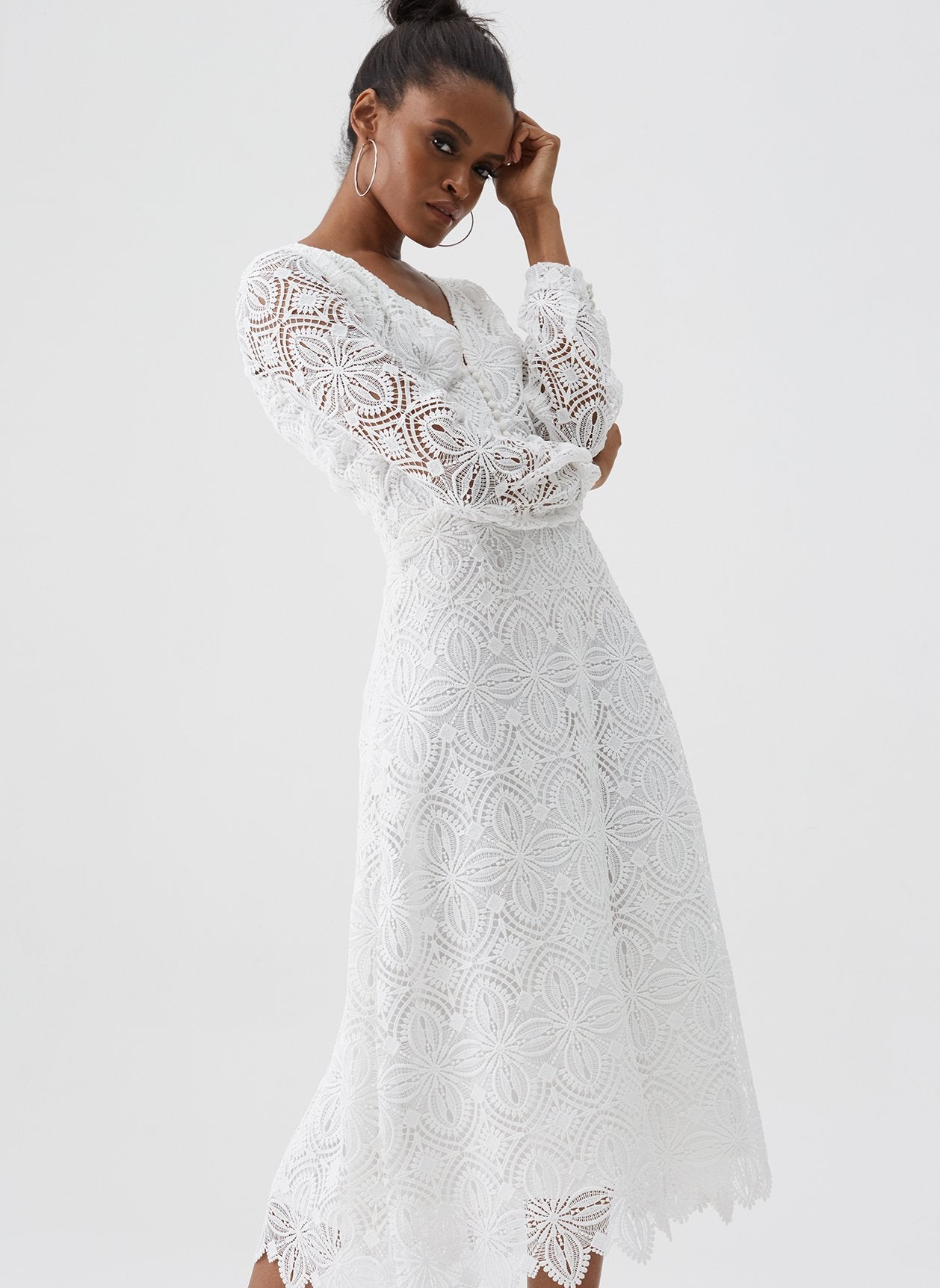 Bardot White Lace V-Neck Midi Dress